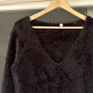 Margaret O'Leary Black Fuzzy V-Neck Sweater
